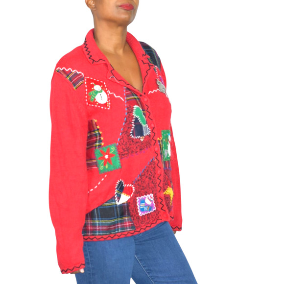 Designer Originals Ugly Christmas Cardigan Sweater Patchwork Plaid Snowman Large - Picture 2 of 16